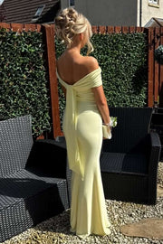 Yellow Off-Shoulder Satin Pleated Sheath Long Formal Dress