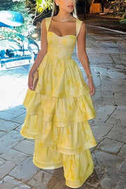 A-Line Yellow Printing Tiered Sleeveless Long Prom Formal Dress