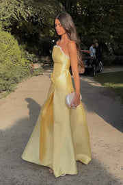 Yellow Scoop Neck A-Line Pleated Satin Formal Evening Dress