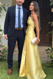 Yellow Scoop Neck A-Line Pleated Satin Formal Evening Dress