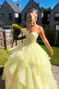 Yellow Spaghetti Straps Sweetheart Ruffles Ball Gown Prom Dress