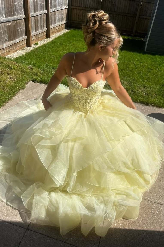 Yellow Spaghetti Straps Sweetheart Ruffles Ball Gown Prom Dress