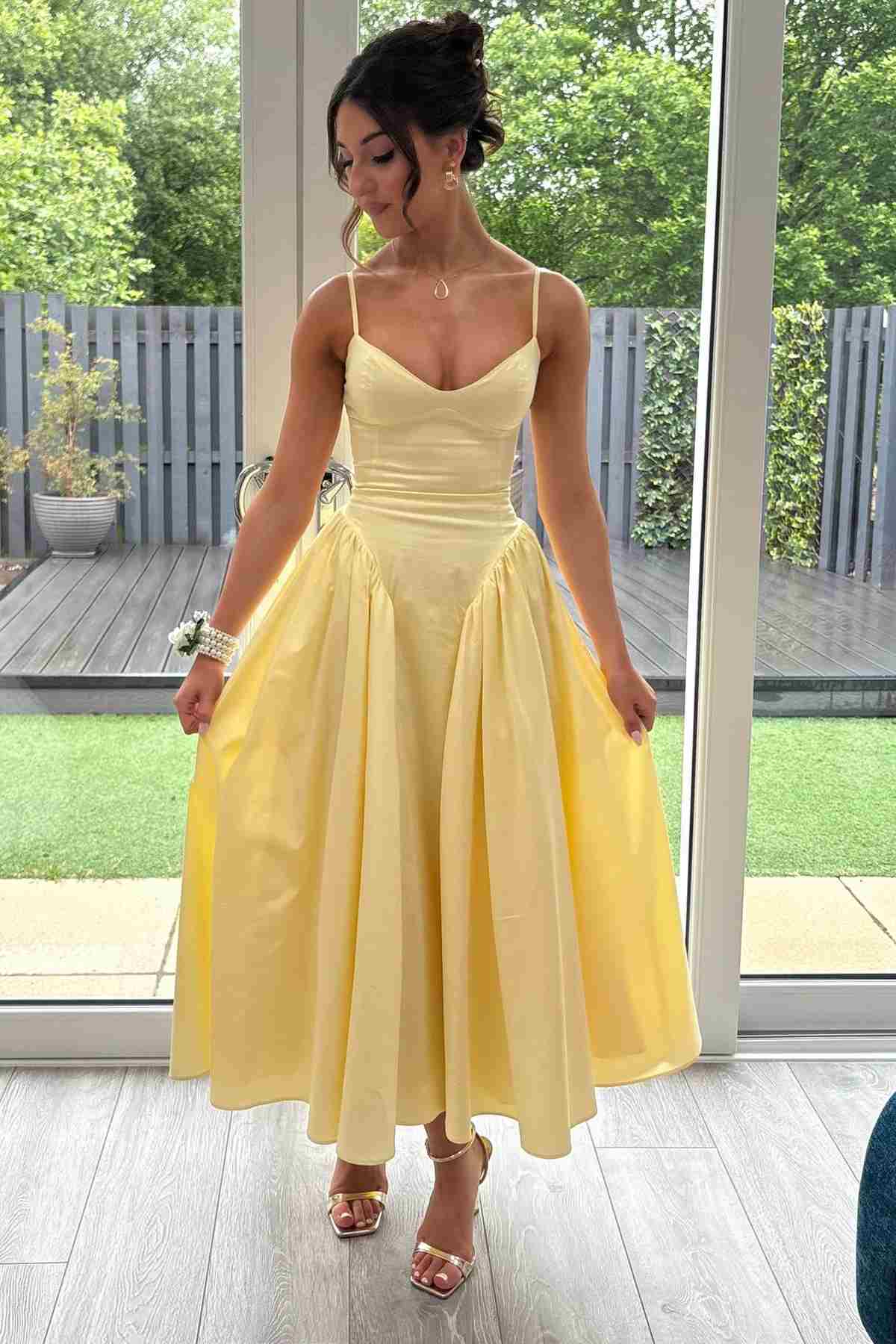 yellow midi dress formal Satin Spaghetti Straps V-Neck Pleats Prom Length:High Low dev-position-back-in-stock:number:63 Modelyn Women's Embossed Off daring twist