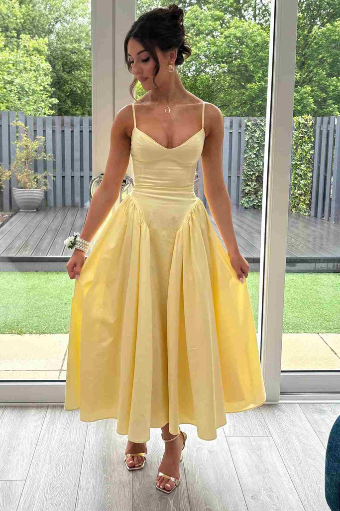 Yellow Satin Spaghetti Straps V-Neck Pleats Prom Formal Dress