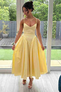 Yellow Satin Spaghetti Straps V-Neck Pleats Prom Formal Dress
