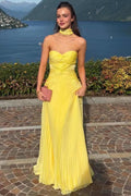 A-Line Yellow Strapless Empire Waist Sweetheart Pleated Long Prom Dress