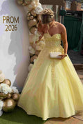 Yellow Strapless Sweetheart A-Line Satin Lace Tulle Long Prom Dress