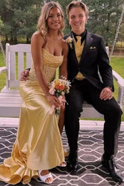 Mermaid  Strapless Scoop Sequin Satin High Slit Long Prom Dress