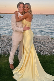 Mermaid  Strapless Scoop Sequin Satin High Slit Long Prom Dress