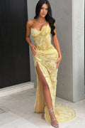 Yellow Strapless V-Neck Lace Pleats Mermaid Long Prom Dress