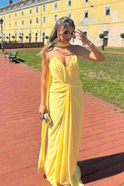 Yellow Strapless V-Neck Pleats Sleeveless Long Dress
