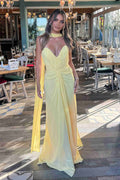 Yellow Satin Strapless V-Neck Pleats Sleeveless Long Prom Dress