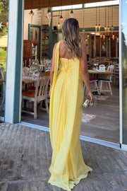 Yellow Strapless V-Neck Pleats Sleeveless Long Dress