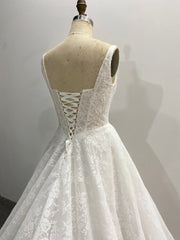 Lace A-Line Wedding Dress Square Neck Sleeveless Corset Back Chapel Train