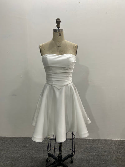 Strapless Mini Bridal Gown Ivory Satin Short Ruched A-line Corset Back