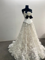 2 Pieces Set Wedding Dress Strapless 3D Floral Tulle Skirt A-line Bow Flower