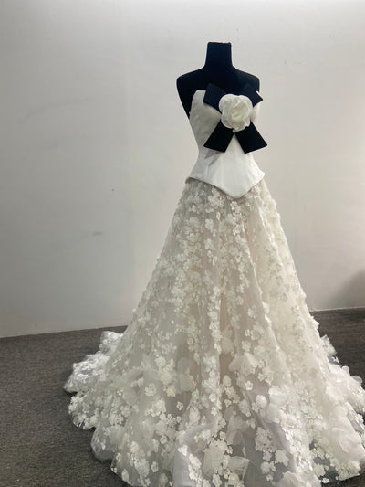 2 Pieces Set Wedding Dress Strapless 3D Floral Tulle Skirt A-line Bow Flower