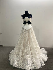 2 Pieces Set Wedding Dress Strapless 3D Floral Tulle Skirt A-line Bow Flower