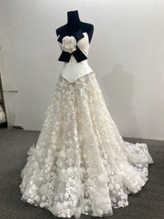 2 Pieces Set Wedding Dress Strapless 3D Floral Tulle Skirt A-line Bow Flower