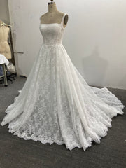 Lace A-Line Wedding Dress Square Neck Sleeveless Corset Back Chapel Train