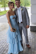 Strapless Ruffles Cut-out Blue Chiffon Long Prom Party Dress