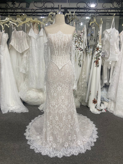 Mermaid Lace Wedding Dress Strapless Beaded Sheer Corset Scalloped Two Pieces