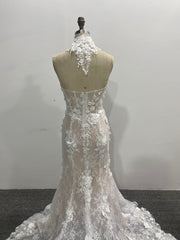 Strapless Mermaid Wedding Dress 3D Floral Lace Removable High Neck Collar