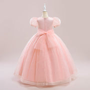Бальное платье из тюля с пышными рукавами и пайетками, розовое платье принцессы для свадебной вечеринки, платье с цветочным узором для девочек
