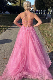 A-line Spaghetti Straps Crisscross Floor Length Pink Tulle Prom Dress, Lace Slit