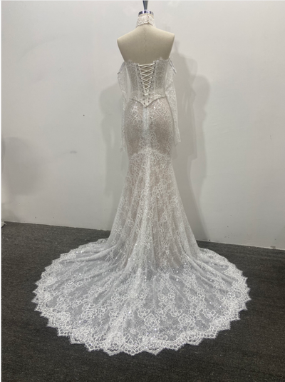 Beaded Lace Wedding Dress Long Sleeveless Off Shoulder Sheath/Column in Stock