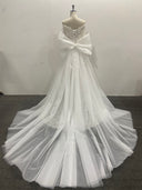Lace Wedding Dress Off Shoulder Long Sleeve Beaded Corset With Removable Tulle Bow