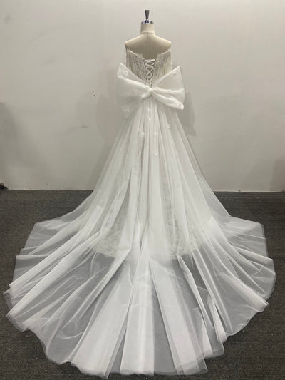Lace Wedding Dress Off Shoulder Long Sleeve Beaded Corset With Removable Tulle Bow