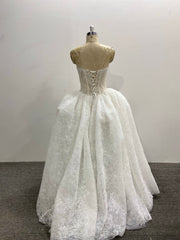 Strapless Lace Ball Gown Wedding Dress Princess Corset Back Ivory Pleated