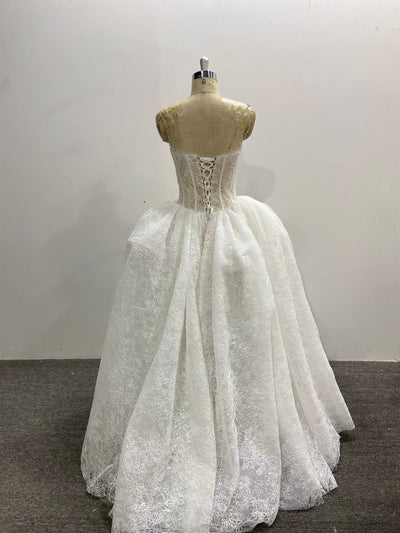 Strapless Lace Ball Gown Wedding Dress Princess Corset Back Ivory Pleated
