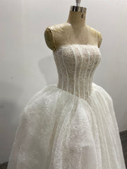 Strapless Lace Ball Gown Wedding Dress Princess Corset Back Ivory Pleated