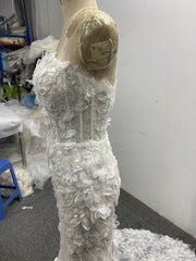 Strapless Mermaid Wedding Dress 3D Floral Lace Beaded Tulle Court