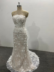 Strapless Mermaid Wedding Dress 3D Floral Lace Beaded Tulle Court