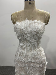 Strapless Mermaid Wedding Dress 3D Floral Lace Beaded Tulle Court