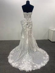 Strapless Mermaid Wedding Dress 3D Floral Lace Beaded Tulle Court