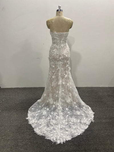 Strapless Mermaid Wedding Dress 3D Floral Lace Beaded Tulle Court