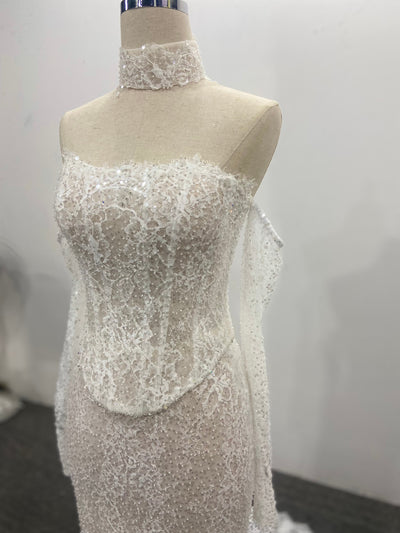Mermaid Wedding Dress Sparkling Sequined Lace Off Shoulder Scalloped Trim
