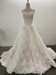 Lace A Line Wedding Dress Square Neck Spaghetti Strap Beaded Corset Chapel Train