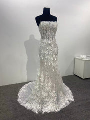 Strapless Mermaid Wedding Dress 3D Floral Lace Beaded Tulle Court