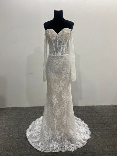 Mermaid Lace Bridal Gown Off Shoulder Sweetheart Sheer Corset Pearl Long Sleeve