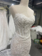 Beaded Lace Wedding Dress Mermaid Strapless Sweetheart Corset Chapel Train