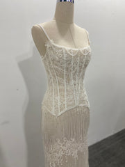 Beaded Lace Two Pieces Set Wedding Dress Fringe Sheer Corset Spaghetti Strap