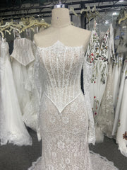 Mermaid Lace Wedding Dress Strapless Beaded Sheer Corset Scalloped Two Pieces