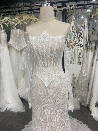 Mermaid Lace Wedding Dress Strapless Beaded Sheer Corset Scalloped Two Pieces