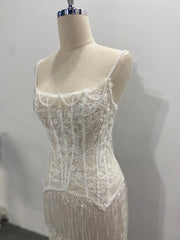 Beaded Lace Two Pieces Set Wedding Dress Fringe Sheer Corset Spaghetti Strap