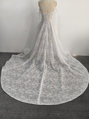 A-Line Lace Wedding Dress Off Shoulder Pearl Chains Long Chapel Train